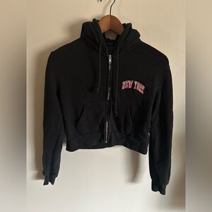 John Galt California/Brandy Melville Black New York Patch Cropped Zip Up Hoodie